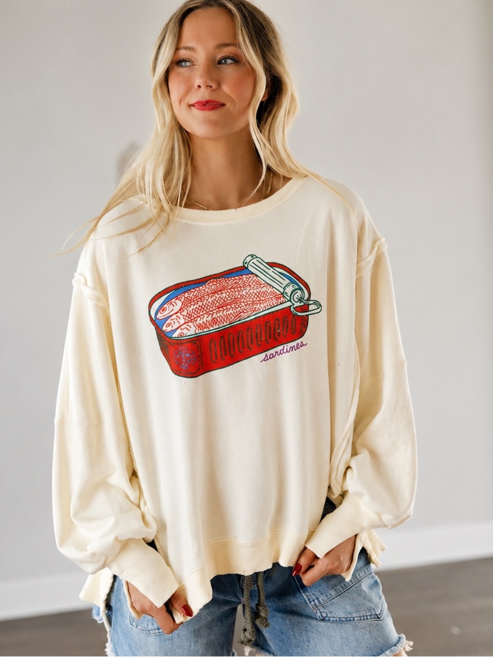Free People Graphic Camden Oversized Cream Sweatshirt in Sardine Combo S